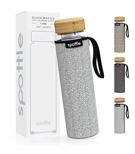 spottle Gourde Verre – Bouteille à Thé 1 L en Verre Borosilicate Double Paroi avec Infuseur Inox, Housse Néoprène, Lavable au Lave-Vaisselle