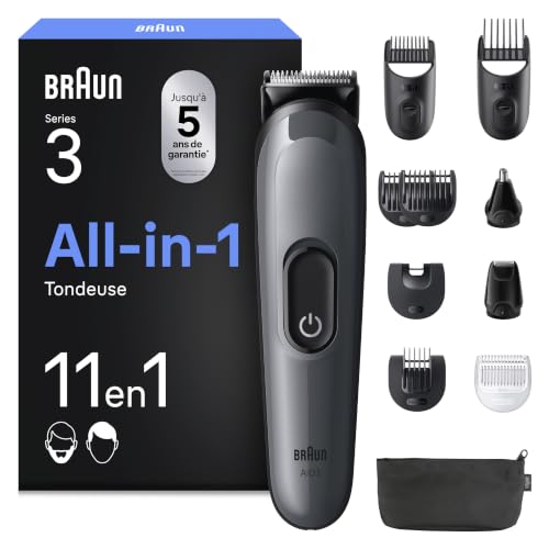 Braun Tondeuse Electrique Homme, Tout-en-Un 11-en-1 Series 3, AIO3565, Grise – Coffret avec 7 Sabots Lavables, Batterie Rechargeable, Lame Affutée, 14...
