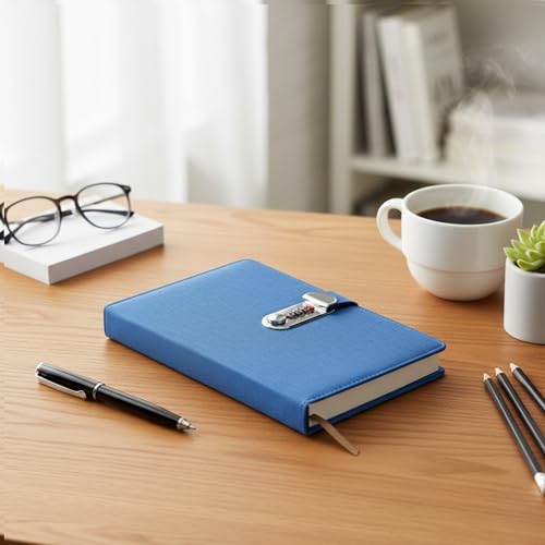 Image of A5 Secret Diary with 3-Digit Combination Lock, Premium PU Leather Journal for Men & Women, Personal Locked Notebook for Office, School & Gifts, 22x15 CM (Fabric Solid Blue)