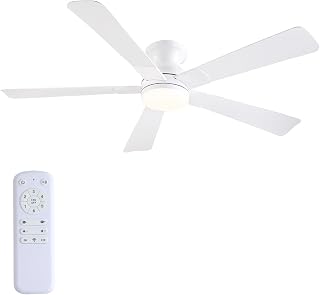 52 inch Ceiling Fans with Lights, White Flush Mount Ceiling Fan with Remote, 3CCT, LED Dimmable, Reversible, 6 Fan Speeds, Quite Low Profile Ceiling Fan with Lights Modern Bedroom Kitchen Indoor