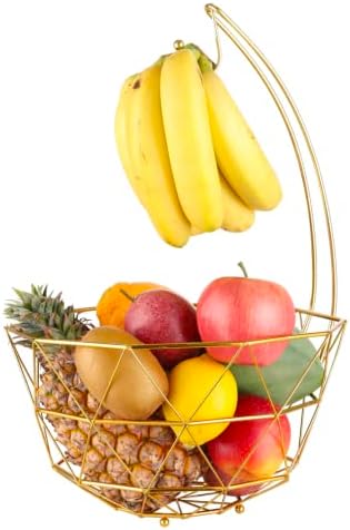 Zark Modern Fruit Bowl with Banana Hanger, Fruits Basket for Fruits and Veg/ Stylish Gold Fruit Bowl Decorative and Ideal for Gift