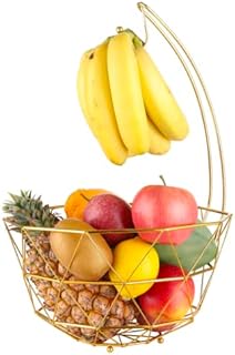 Zark Modern Fruit Bowl with Banana Hanger, Fruits Basket for Fruits and Veg/ Stylish Gold Fruit Bowl Decorative and Ideal for Gift