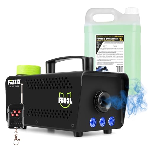 Fuzzix F503L Party Fog Machine with RGB LED Lights, Wireless Remote & 5L Eco Green Smoke Fluid – Small Disco Fogger for Parties, DJs & Halloween Events
