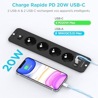 Multiprise Encastrable PD 20W 4 Prises Encastrable Plan de Travail avec 2 USB-A et 2 Type-C Multiprise Prise de Table avec Interrupteur 4000W 16A Rallonge pour Multiple Outlet, Noir, Câble 2m