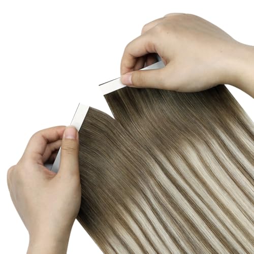 Image of LaaVoo Weft Tape Extensions Ombre Light Brown Tape in Weft Hair Extensions Human Hair 90G Genius Tape in Extensions Light Brown Fading to Platinum Blonde with Brown 16inch 4pcs