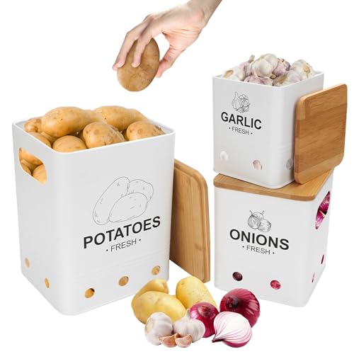 Aevcvok Lot de 3 Boite Pomme de Terre, Rangement Pomme de Terre Oignons Ail avec Couvercle en Bambou, Boîte de Conservation Pomme de Terre Oignons Ail Echalotte, Boite Rangement Cuisine, Blanc