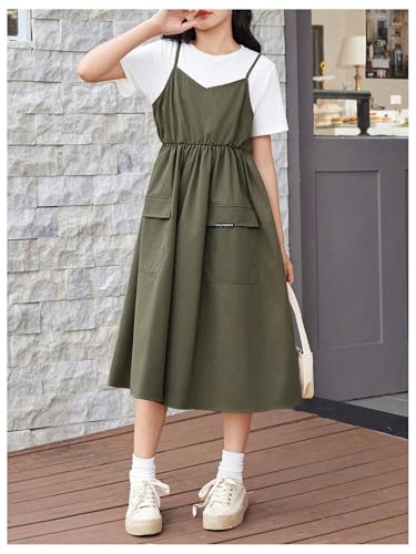 OYOANGLE Girl's 2 in 1 Colorblock Round Neck Short Sleeve A Line Flowy Midi Dress with Front Pockets3