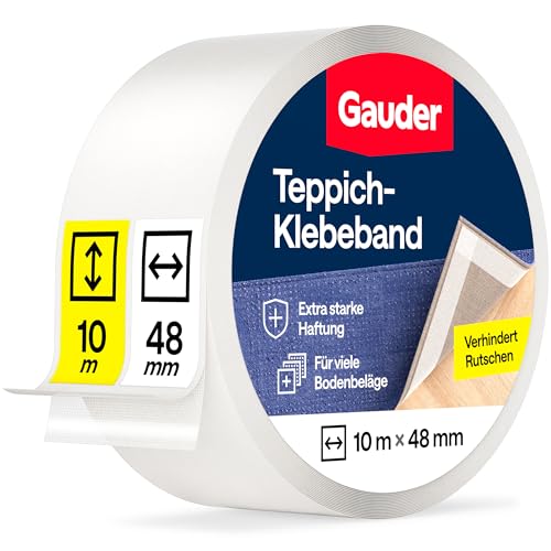 GAUDER Teppichklebeband doppelseitig extra stark - Teppichkleber für Bodenbeläge, Teppiche & Treppen - Klebepads, Fixierung & Verlegeband (10 m x 48 mm)