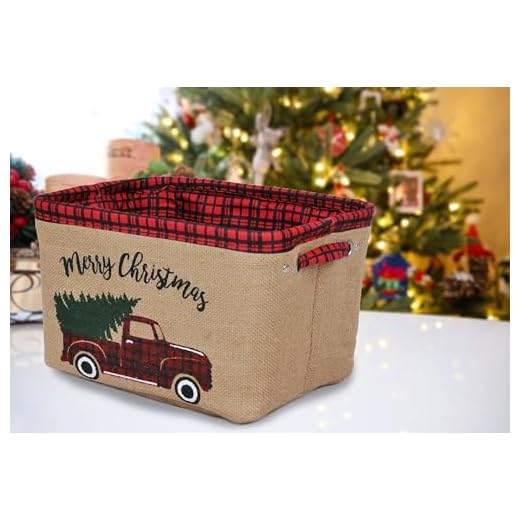 Cestas de Natal para presentes vazias, cestas de armazenamento decorativas de Natal com alças para feriados Natal Halloween, padrão de carro de Natal grandes caixas organizadores dobráveis para sala de estar 33 cm