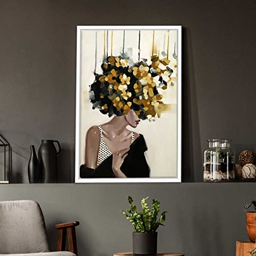 Image of PAINTINGMANTRA Mid Night Gold Girl With Flower Bouquet White Framed Canvas Print for Wall, Home and Living Room Decoration (Size - 23 x 17 Inchs)