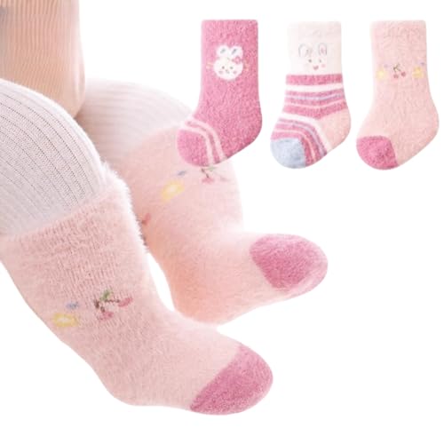 3 Pairs Baby Thermal Socks for Winter 0-5 Years Old, Cute Warm Fuzzy Thick Plush Ankle Socks for Newborn Boy Girl
