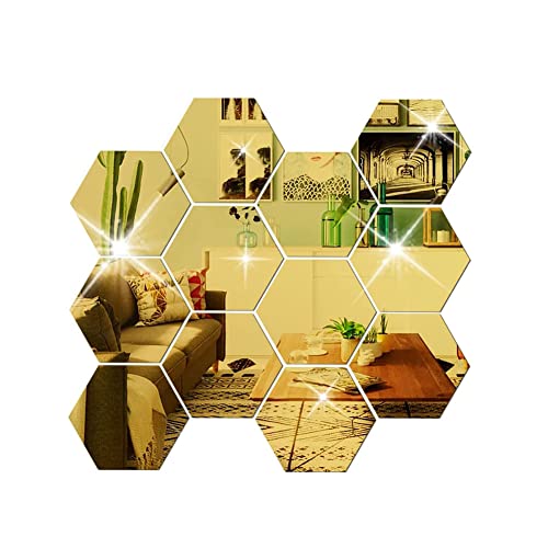 12 Piezas Pegatinas de Pared de Espejo Hexagonal Espejos Pegatinas Autoadhesivos Desmontable Espejos de decoración de Pared de Bricolaje (Dorado)