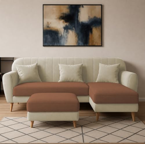 Image of Atticus RHS 4 Seater L Shape Sofa Set with Ottoman for Living Room (Cream Brown Fabric) Premium Fabric Sofa Set