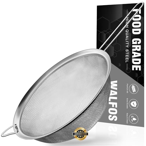 Walfos 9 Inch Large Fine Mesh Strainer, Kitchen Metal Food Strainers with Sturdy Handle, Stainless Steel 30 Mesh Sieve Sifters for Rice, Quinoa, Pasta, Fruits, Vegetables, etc.