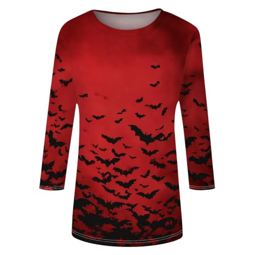 Image of Women Spooky Halloween Graphic Shirt 3 /4 Length Sleeve Crewneck Top | Halloween Funny Printed Pumpkin Plus Size Tshirts 2026 Fall Outfits Skeleton Tee Going Out Tops