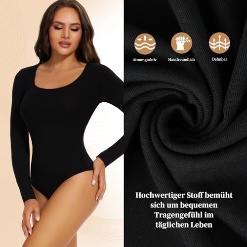 Joyshaper Damen Langarm Body U-Ausschnitt Bodysuit Top Stringbody Basic Unterziehbody Longsleeve Shirt für Frauen Schwarz XL
