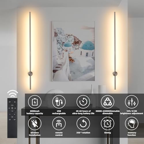 Image of Battery Operated Wall Sconces with Remote, Dimmable 3000K-6000K /Timer /Memory LED Wall Lamp, 350Rotate, USB Rechargeable Wireless wall lights for Living Room, Bedroom Brushed Nickel 39.3 inch (2 Pack)