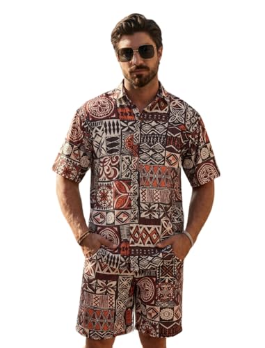 Image of BROWN CULTURE Men's Cotton Floral Print Co-ord Sets with Shirt & Shorts Collar Neck Standard Length and Button Down Closure Type | Night Suit for Men