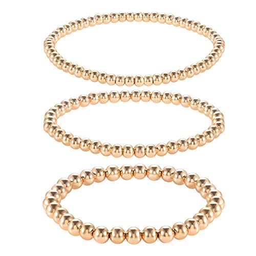 Beaded Bracelets for Women Men Girls Stackable Brass Bead Ball Bracelets Stretch 14k Gold Plated Bracelet Party Valentines Gift for Her/Him