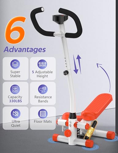 Amicus Mini Stepper with Handlebar, Stair Stepper with Resistance Band, Hydraulic Fitness Stepper Exercise Machine for Home, 330lbs Weight Capacity, Orange - Image 3
