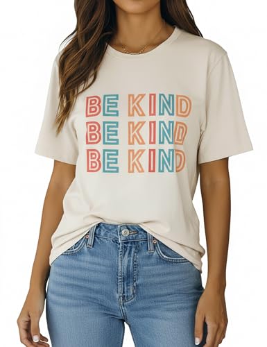 Blooming Jelly Womens Be Kind Shirt Short Sleeve Graphic Tees Loose Fit Tshirts Cute Casual Summer Tops Funny Teacher Outfits (US, Alpha, Large, Regular, Regular, Beige)