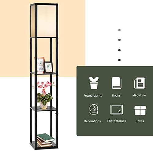 TANGZON Floor Lamp with Shelves, 2/3 Layers Wooden Shelf Tall Standing Light with E27 Holders & Fabric Shade, Corner Standard Lamp for Living Room Bedroom (3 Shelves, 1 Holder)