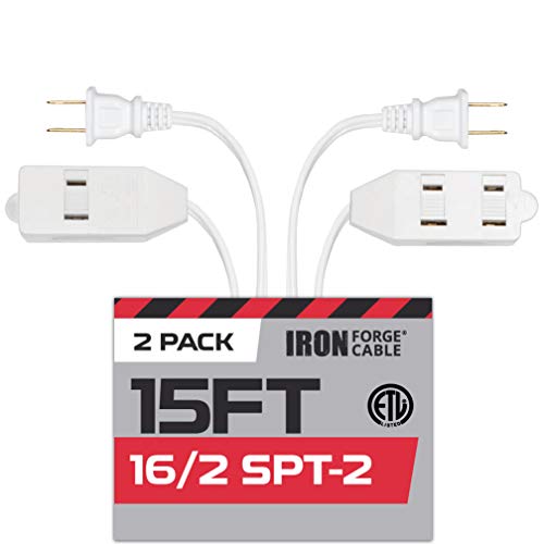 15 Ft White Extension Cord 2 Pack - 16/2 Durable Electrical Cable
