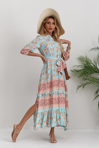 Image of Women Boho High-Waist Floral Print Maxi Dress 3 /4 Sleeve Casual | Soft Rayon, Breathable, Quick-Dry. High-Waist with Adjustable Belt, Flattering Hem. Ideal for Beach, Work & Dating.