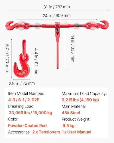 Image of VEVOR 9215LBS 3 /8 inch - 1 /2 inch Ratchet Binders 9,215 LBS Secure Working Load, G70 Hooks and Adjustable Length, for Grade 70-80 Chains, Tie Down, Hauling, Towing, 2-Pack, Red
