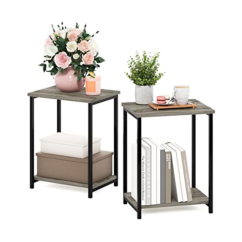 Image of Furinno Simplistic 2-Tier Metal Frame Side Table, Set of 2, French Oak