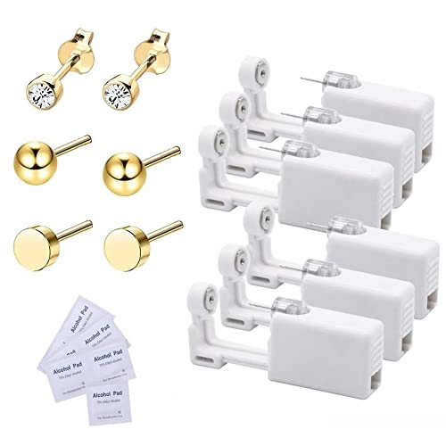 Voarge 6 Stück Ohrlochstechpistole, Einweg Steril Sicherheits Ohrnasen Piercing Pistolen Kit Schmerzfreies Selbst Piercing Werkzeug, mit Ohrstecker Asepsis Pierce Kit (Drei Formen, Gold) Cover