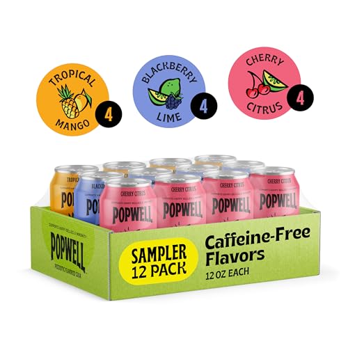 Image of Popwell Variety Pack Better-For-You Prebiotic Soda, with 6g Fiber, 1g Sugar, Vitamins and Immunity Support, 12 fl oz, 12 count (Blackberry Lime, Cherry Citrus, Tropical Mango)