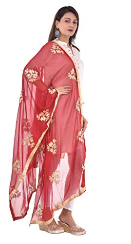 Image of Youthquake Golden Embroidered Work Chiffon Dupatta For Womens & Girls With 4 Side Gold Lace