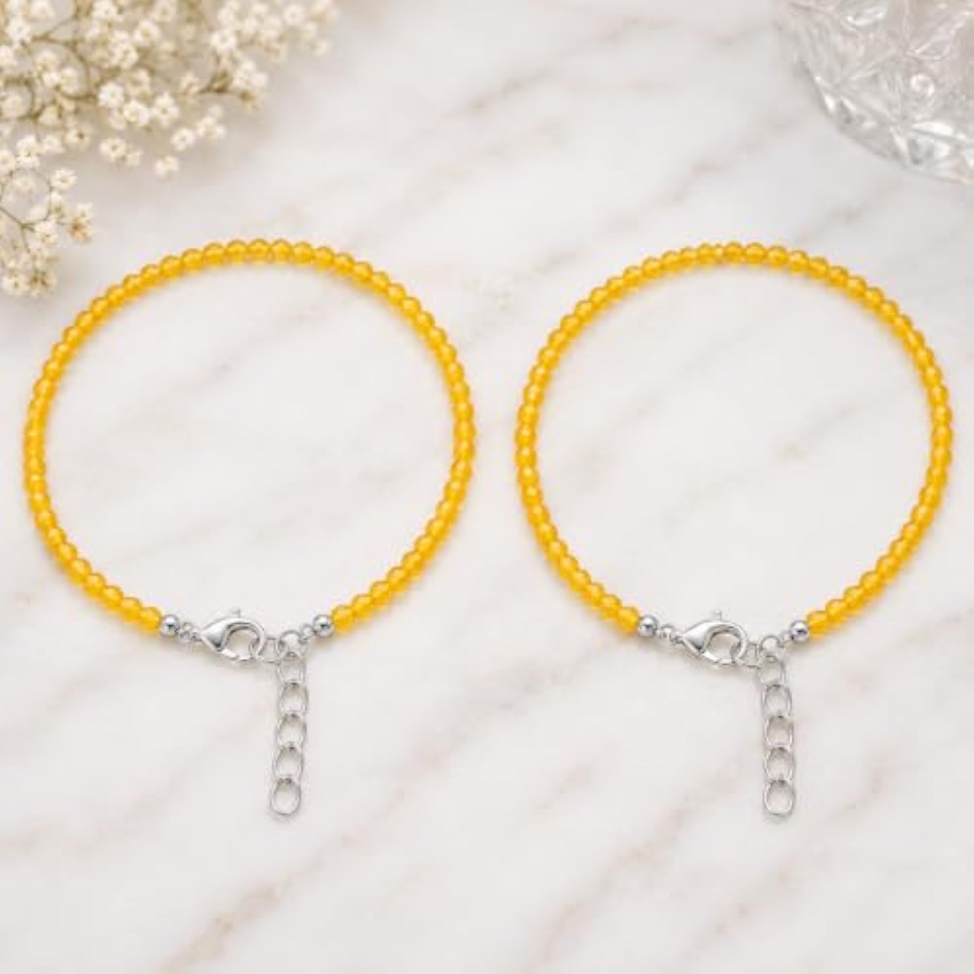 Women's 8 Inch Natural Yellow Jade Beaded Anklet, Adjustable Payal