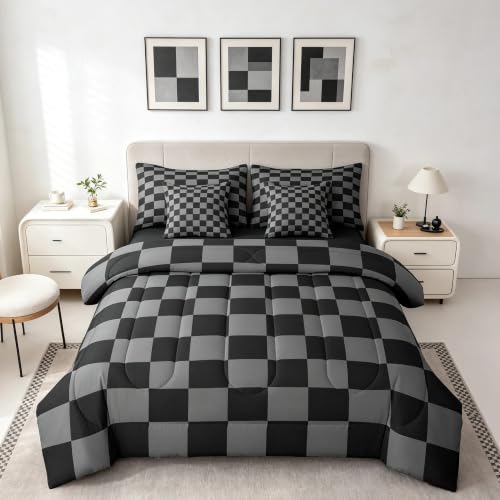 Image of Checkered Retro Comforter Set King Size 7 Pieces Black Grey Plaid Bedding Set for Kids Boys Girls Geometric Vintage Bed in a Bag Modern Simple Groovy Aesthetic Bedroom Decor Quilted Lightweight
