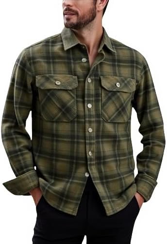 Men's Plaid Shirts Long Sleeve Button Down Washed Corduroy Shirts Casual Vintage Lightweight Shirt Jacket