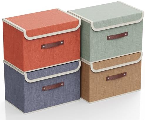 Juego de 4 cajas de almacenamiento plegables de tela con tapa y a...