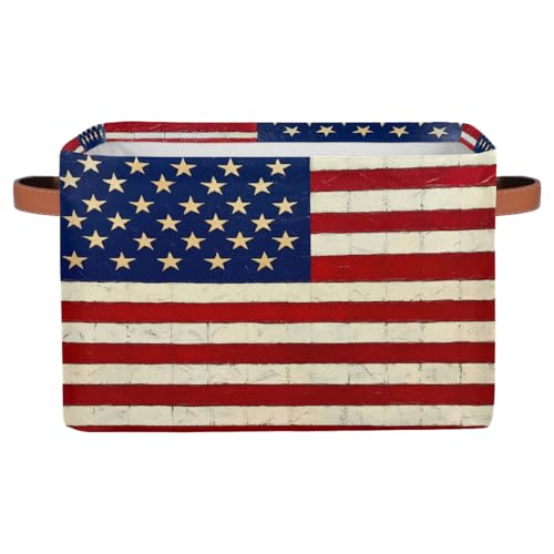 Image of Patriotic Usa Flag Storage Baskets for Organizing, Fabric Collapsible Storage Bins Box Vintage American Flag Decorative Toy Organizer Baskets for Closet Shelves Gift Basket 1 Pc
