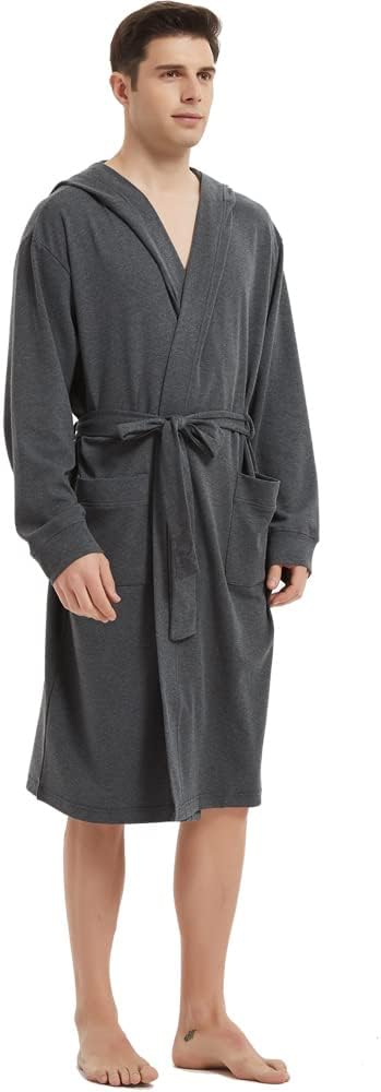 HOLOVE Men's Pure Cotton Bathrobe Lightweight Kimono and Hooded Spa Robes Soft Sleepwear - Image 3