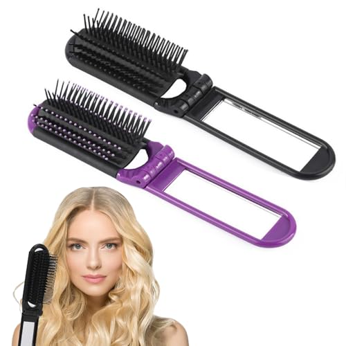 Jrusmr Folding Travel Hair Brush with Mirror 2-Pack Compact Styling Tool (Black & Purple) Massage Comb for Men & Women Portable Hairbrush for Purse and Travel