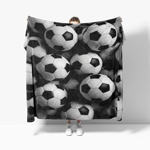 Kuscheldecke Flauschig Weiche Flanell Fleecedecke XL 130x150 cm - Sport FußBall Thema Wohndecke Warm Sommerdecke Sofadecke, Weiß Tagesdecke für Erwachsene Kinder Schlafzimmer