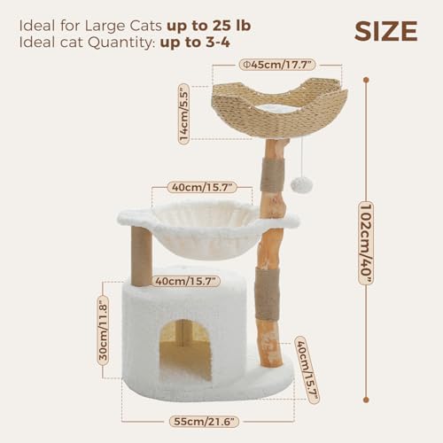 PAWZ Road Modern Cat Tree with Natural Solid Wood Scratching Post, 40 Inches Cat Tower with Spacious Wicker Basket,Large Metal Hammock,Luxury Condo for Indoor Cats