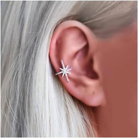 Yheakne Boho Northstar Ear Cuff Earrings Silver Starburst Cuff Wrap Earrings CZ Pave Star Cartilage Cuff Earrings Tiny Non Pierced Clip on Earrings Jewelry for Women and Girls (Silver)
