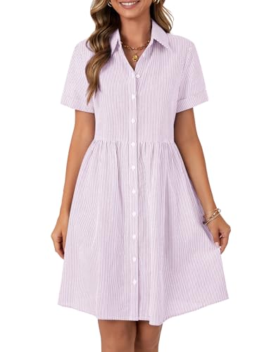 Image of Rooscier Women's Striped Shirt Dress Button Down Collared Short Sleeve Mini Dress