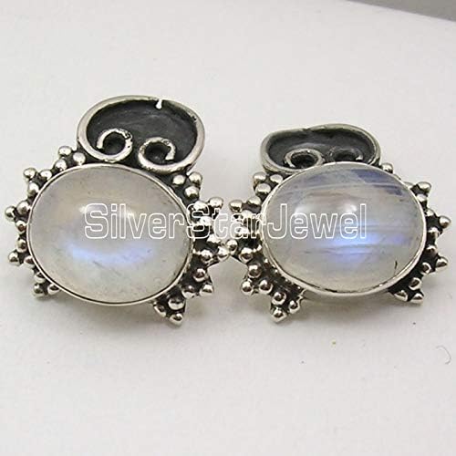 Natural Rainbow Moonstone Stud Earrings 0.7" 4.8 Grams Sterling Silver - Image 2
