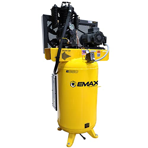 Emax E350 Stationary Air Compressor - 5Hp 80 Gal. 2 Stage Single Phase Compressor With Pressure Lubricated Pump & Silent Air System - Es05V080I1 #TOP18