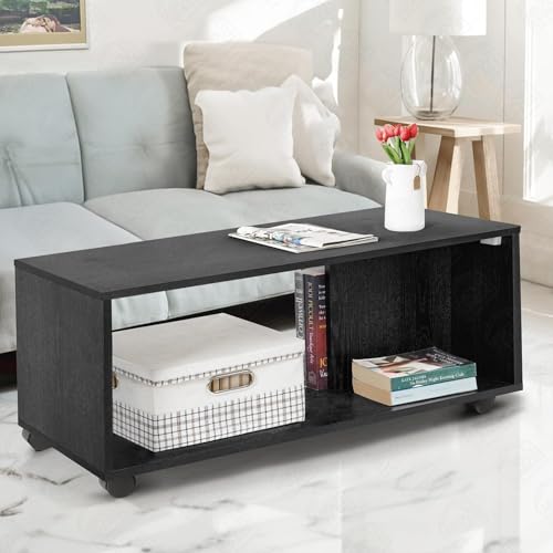 Image of ABOUT SPACE Coffee Table - Center Table for Living Room with Wheels, Engineered Wood Rectangle Tea Table with Storage, Teapoy for Hall Lounge Office - Black Mahogany (L 80 x B 40 x H 41.5 cm)