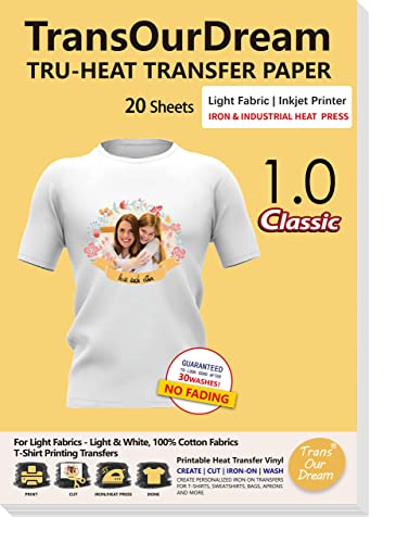 Transourdream Heat Transfer Paper For Light T Shirts (20 Sheets, 8.5X11") Clear Iron On Transfer Paper For Light &White Fabrics Printable Heat Transfer Vinyl For Inkjet Printer (Trans-1) #TOP5
