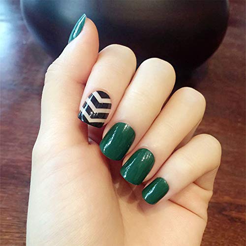 Sttiafay Short Square Press on Nails Glossy Green Striped French False Nails Artificial Full Cover Fake Nails Tips Artificial Finger Manicure for Women and Girls