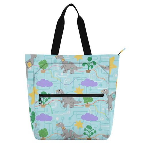 Bolsa de compras con cremallera reutilizable y ligera de dinosaurio azul